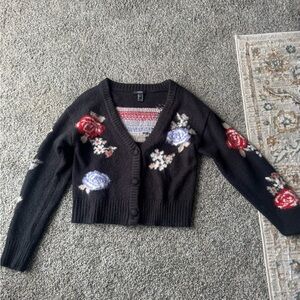 Forever 21 Black Cardigan with Red and Purple Floral Design